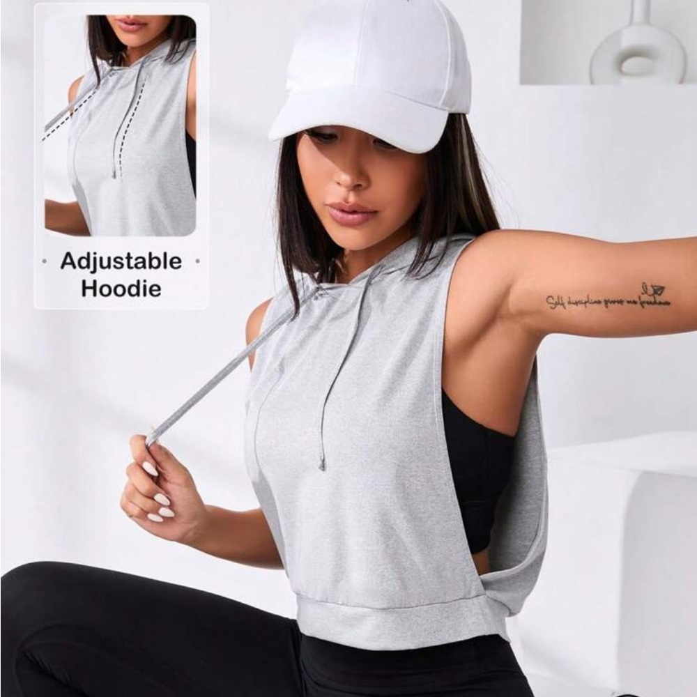 Sleeveless Gray Adjustable Hoodie Tank Top - Womens Activewear